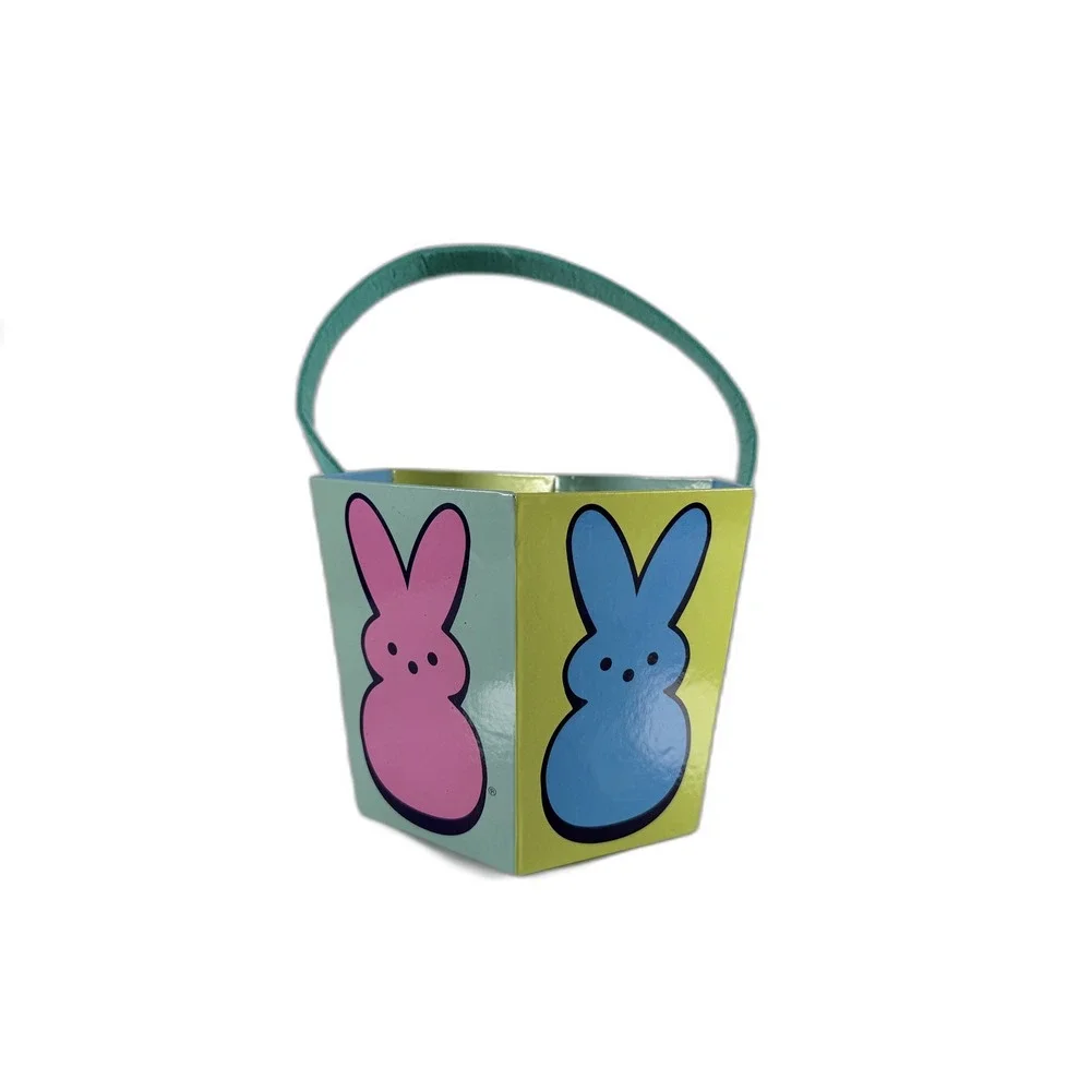Peeps Easter Basket Hexagon Cardboard Treat Pail Teal Felt Handle Bunny Chick